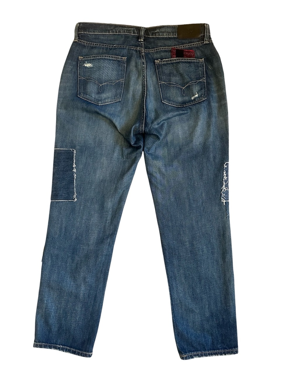 Lauren Ralph Lauren Patchwork Blue Jeans 10 Patch Lace Plaid Tapered Ankle Y2K - Picture 4 of 8